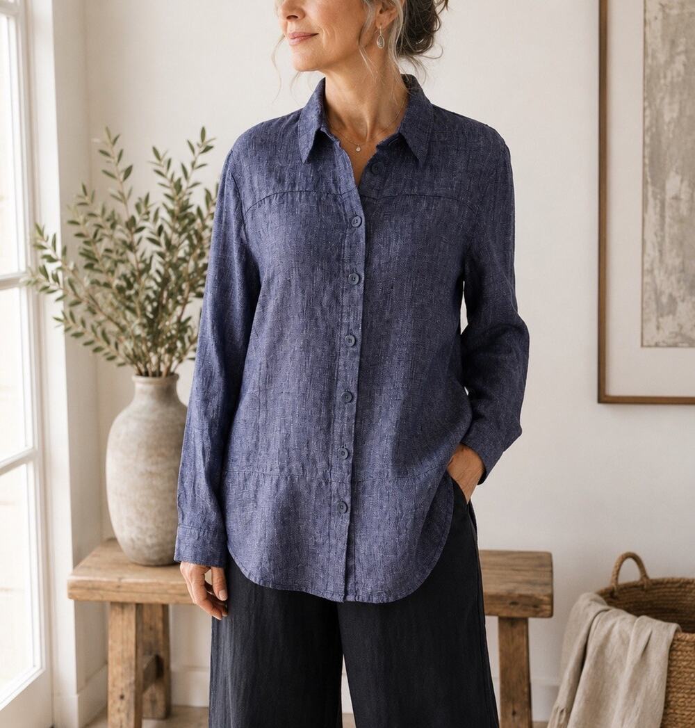 FLAX Linen Blend Shirt Lagenlook Blue Metallic Button Front LS Women’s S EUC